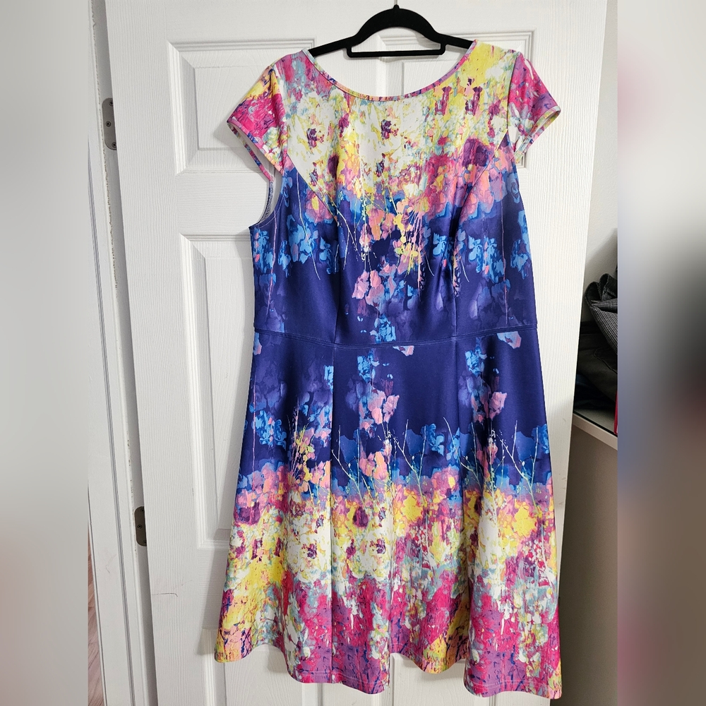Fit & Flare Floral Abstract Watercolor Midi Dress Plus 16W Pink Purple Gold